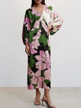 Mango Pink & Green Floral V-Neck Midi Dress